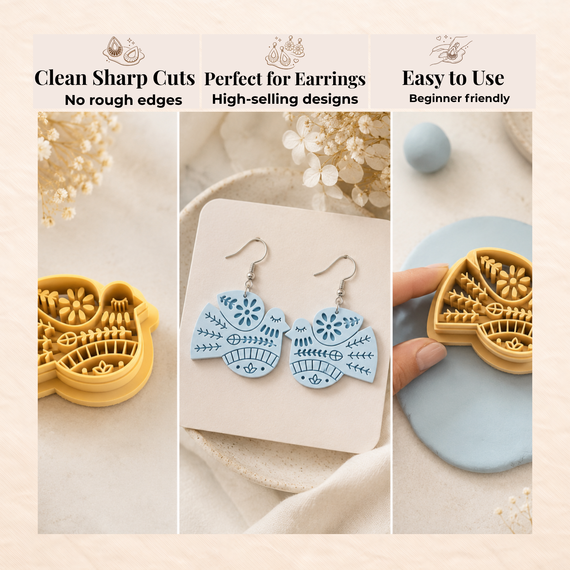 Folk Art Pigeon 2 Polymer Clay Cutter | 25–45mm | Folk Art Pigeon Shape Clay Cutter | Earring Jewellery Making Tool