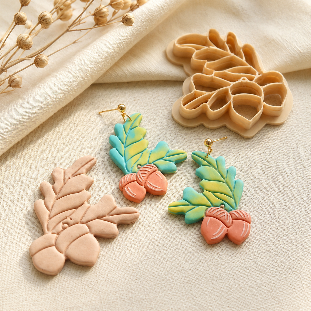 Acorn and Leaves Polymer Clay Cutter | 30–50mm Autumn Earring Cutter | IrisCrafts7