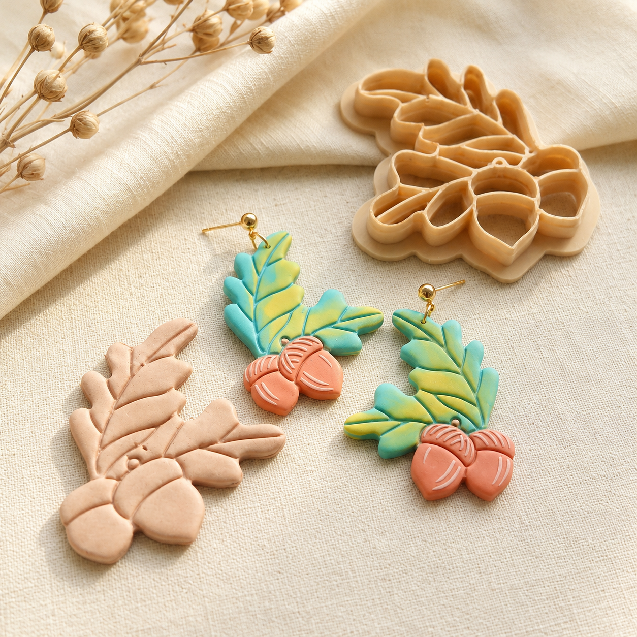 Acorn and Leaves Polymer Clay Cutter | 30–50mm Autumn Earring Cutter | IrisCrafts7