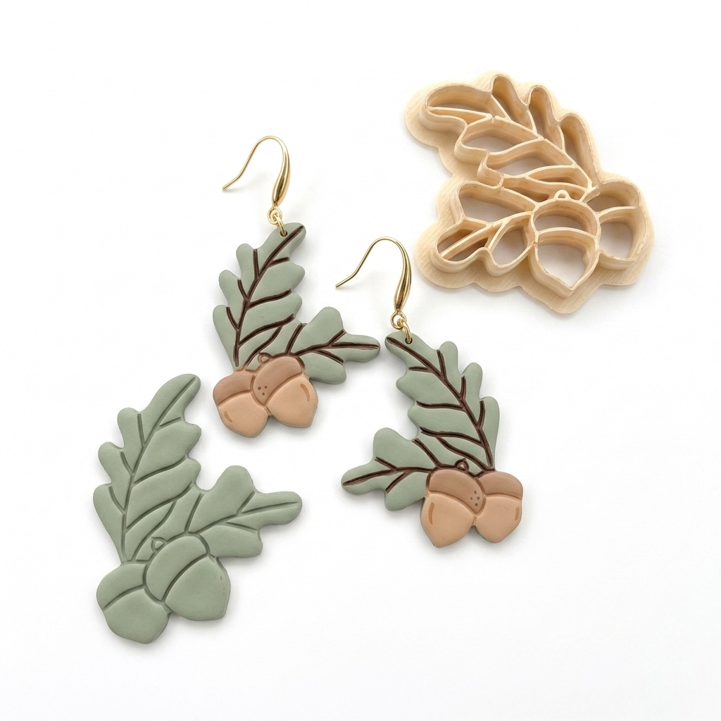 Acorn and Leaves Polymer Clay Cutter | 30–50mm Autumn Earring Cutter | IrisCrafts7