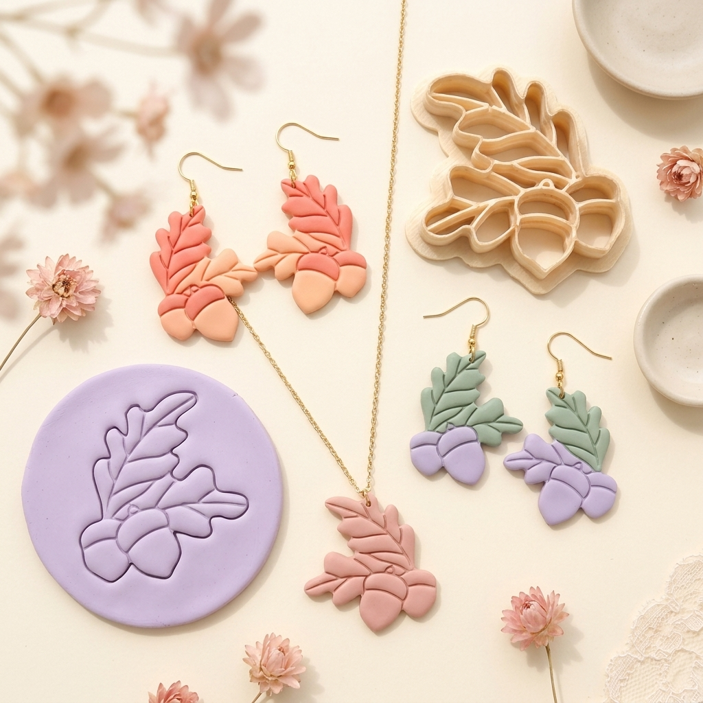 Acorn and Leaves Polymer Clay Cutter | 30–50mm Autumn Earring Cutter | IrisCrafts7