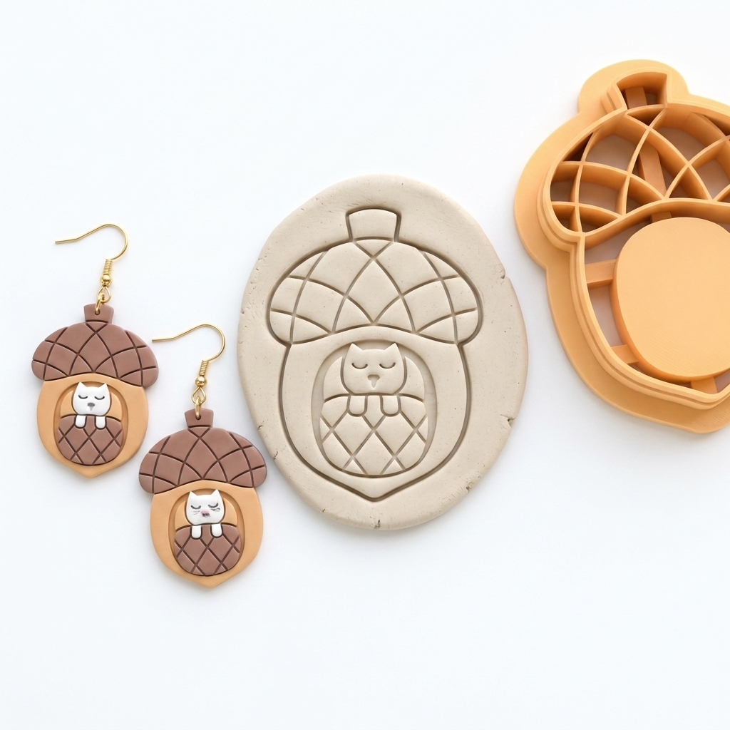 Acorn with a Kitty Polymer Clay Cutter Set of 2 | 30–50mm Autumn Earring Cutter | IrisCrafts7
