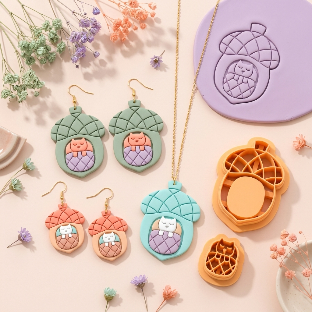 Acorn with a Kitty Polymer Clay Cutter Set of 2 | 30–50mm Autumn Earring Cutter | IrisCrafts7