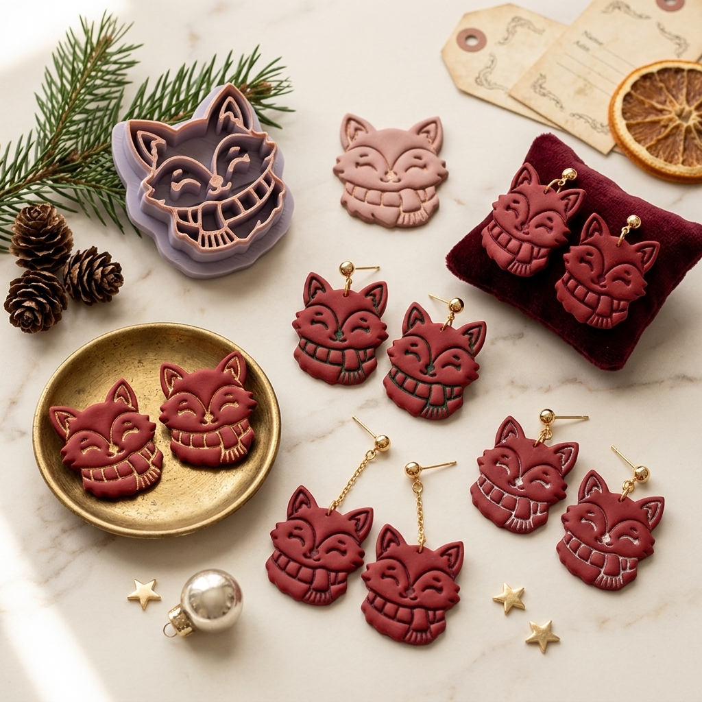 Adorable Fox in a Winter Scarf Polymer Clay Cutter | Cute Winter Earring Tool