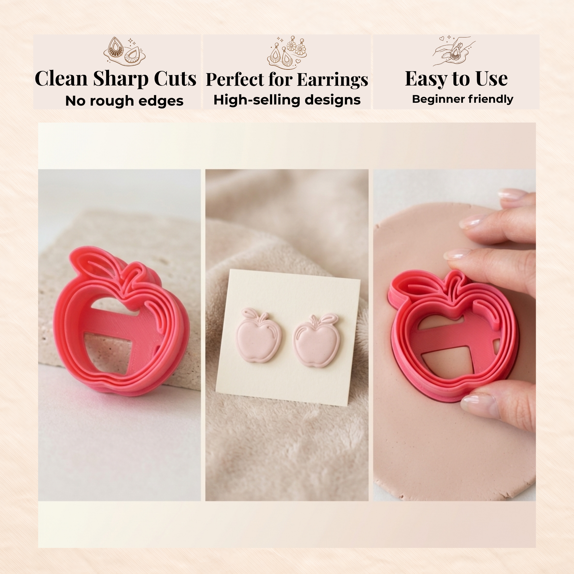 Apple with Leaf Polymer Clay Cutter | 25–45mm | Apple Leaf Shape Clay Cutter | Earring Jewellery Making Tool