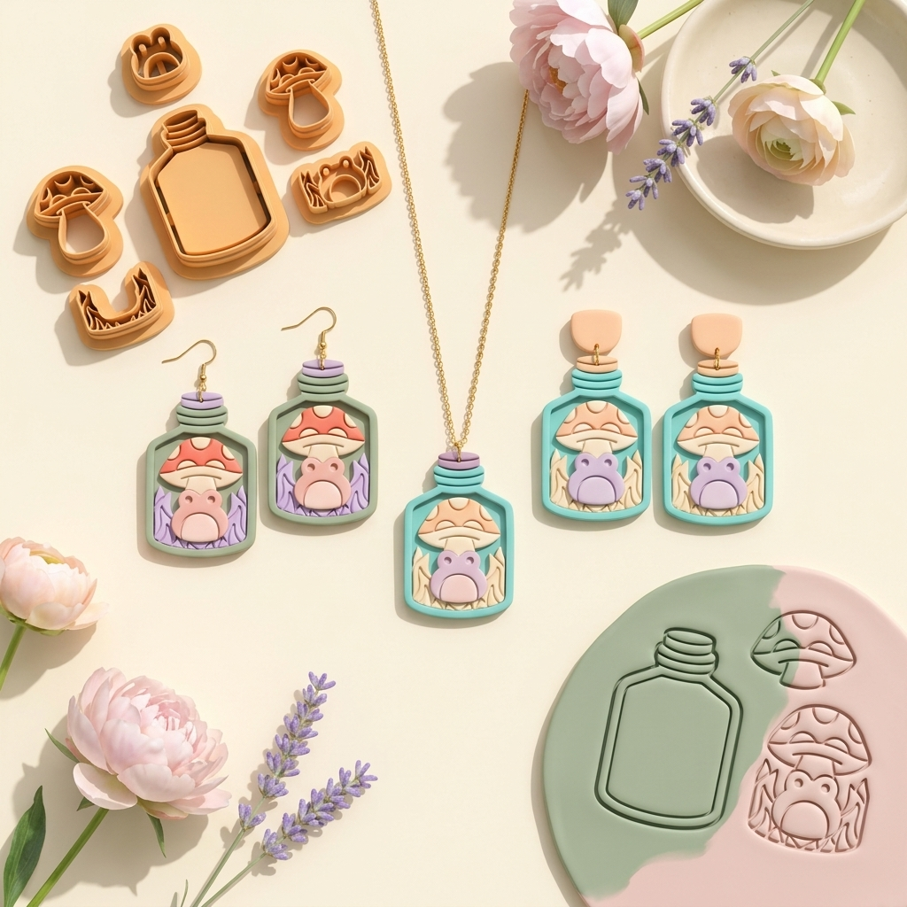 Autumn Glade in a Flask Set of 4 Polymer Clay Cutters | 30–50mm | Autumn Flask Clay Cutter Set | Earring Jewellery Making Tool