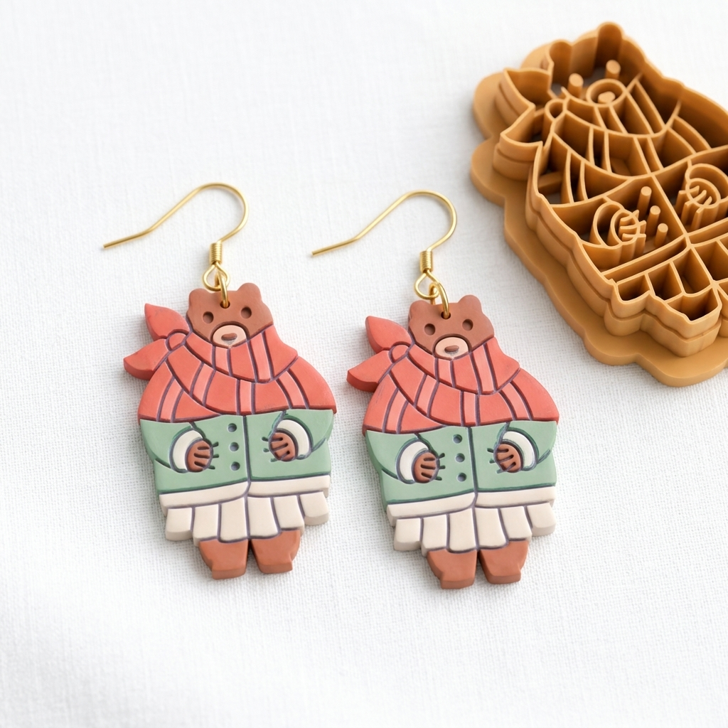 Bear in Fall Clothes Polymer Clay Cutter | 30–50mm | Autumn Bear Shape Clay Cutter | Earring Jewellery Making Tool
