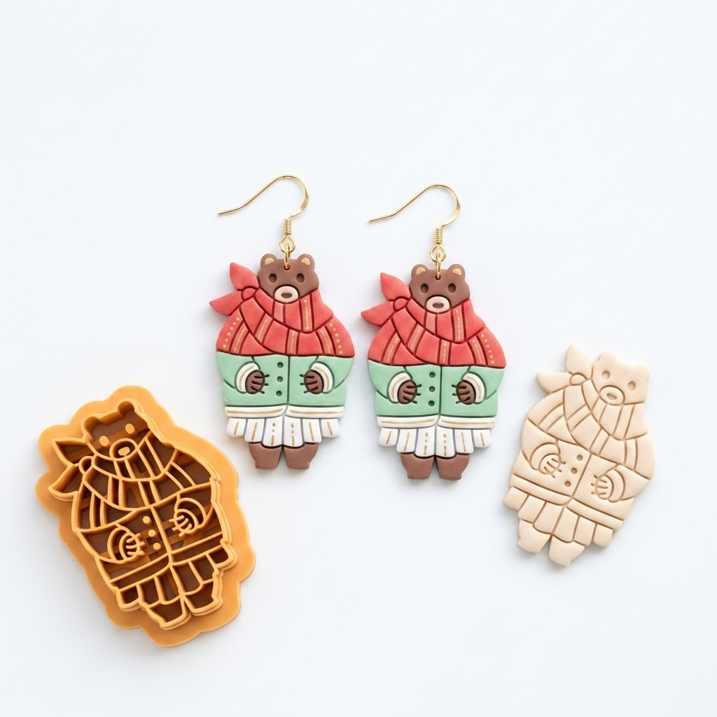 Bear in Fall Clothes Polymer Clay Cutter | 30–50mm | Autumn Bear Shape Clay Cutter | Earring Jewellery Making Tool