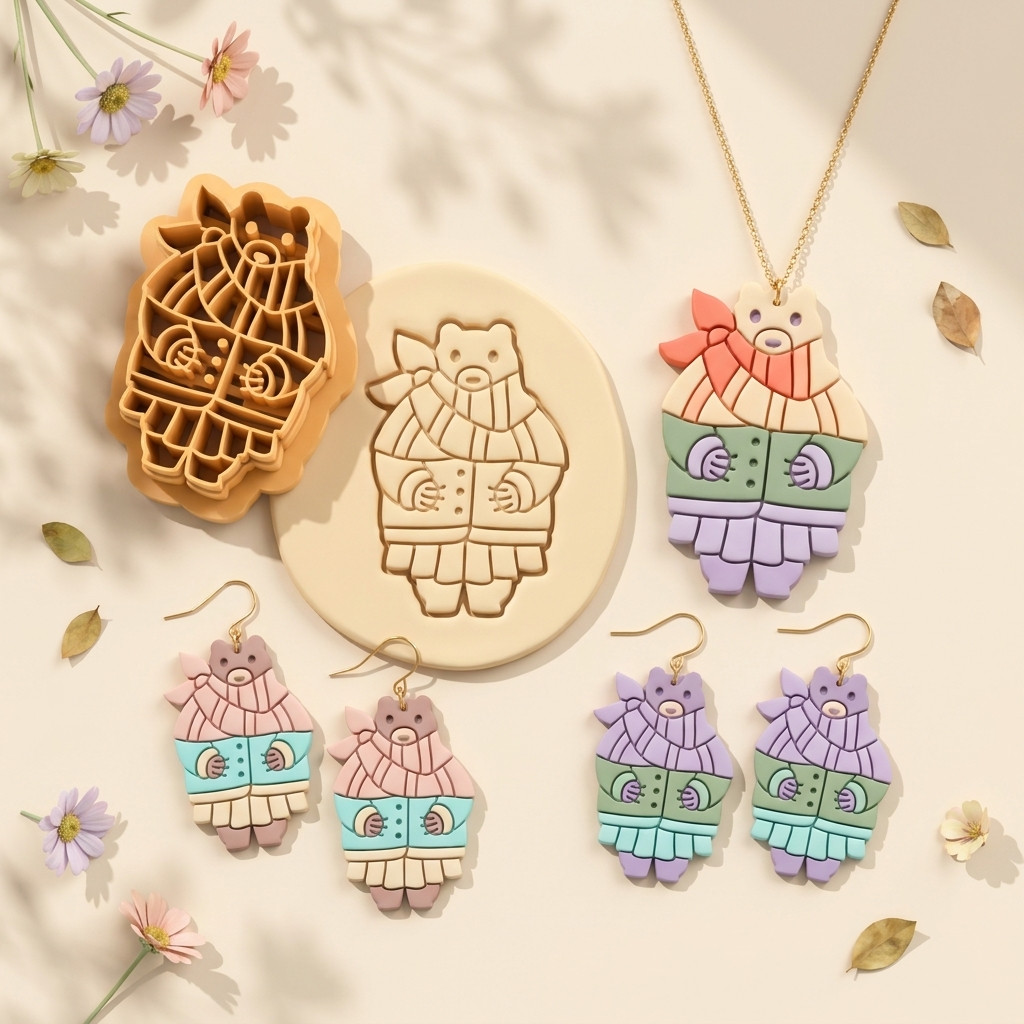 Bear in Fall Clothes Polymer Clay Cutter | 30–50mm | Autumn Bear Shape Clay Cutter | Earring Jewellery Making Tool