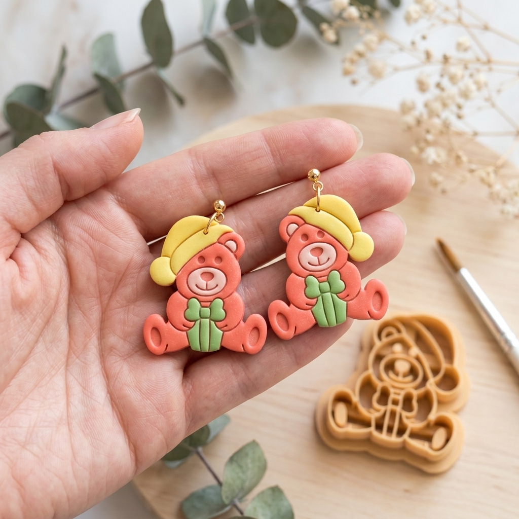 Bear with Gift Polymer Clay Cutter | Christmas Earring Tool