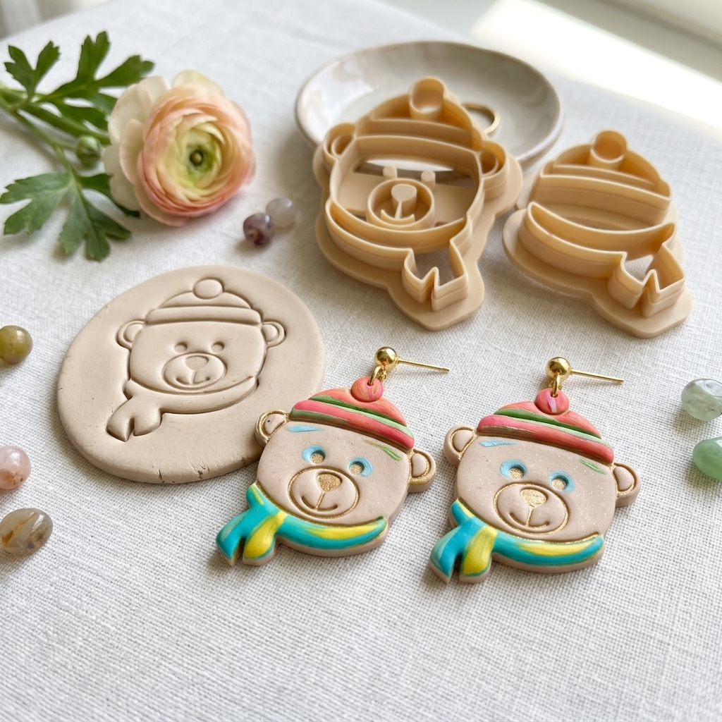 Bear with Hat and Scarf Polymer Clay Cutter Set | Winter Earring Tool