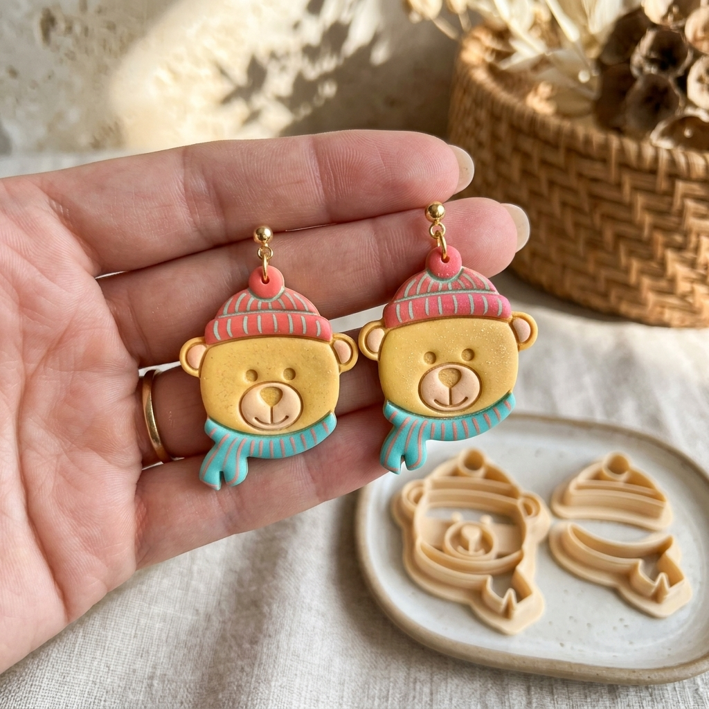 Bear with Hat and Scarf Polymer Clay Cutter Set | Winter Earring Tool