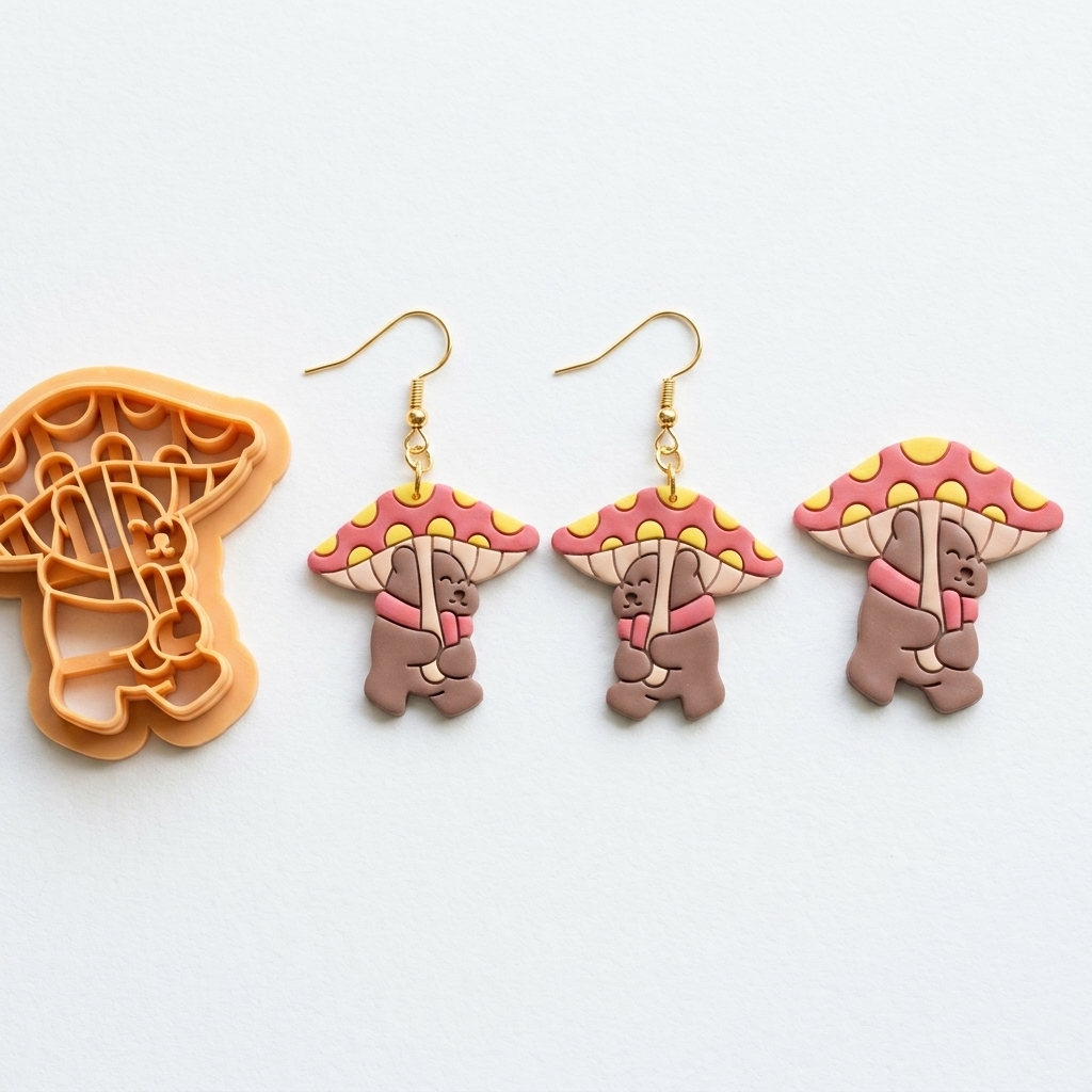 Bear with Mushroom Polymer Clay Cutter | 25–45mm | Bear Mushroom Shape Clay Cutter | Earring Jewellery Making Tool