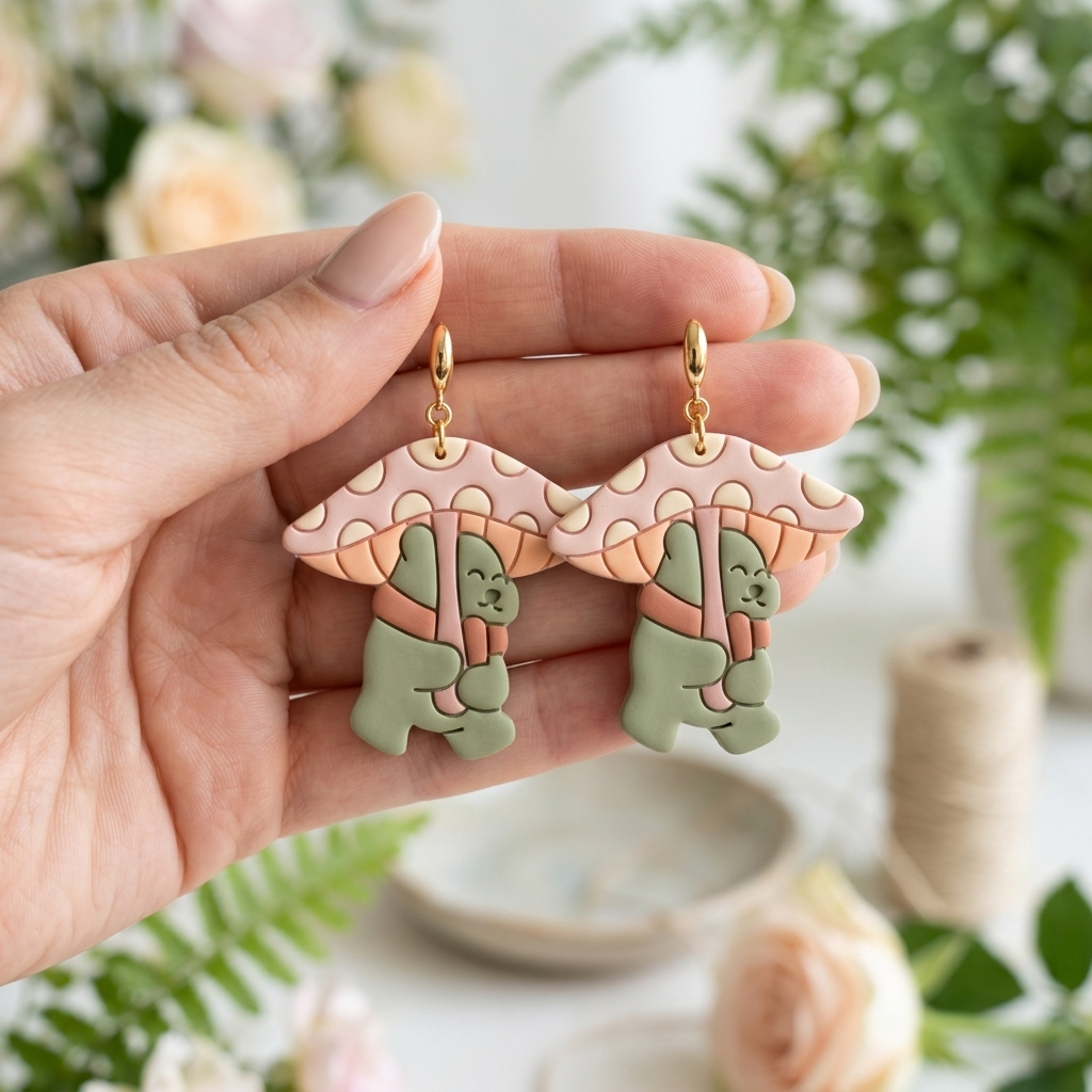 Bear with Mushroom Polymer Clay Cutter | 25–45mm | Bear Mushroom Shape Clay Cutter | Earring Jewellery Making Tool