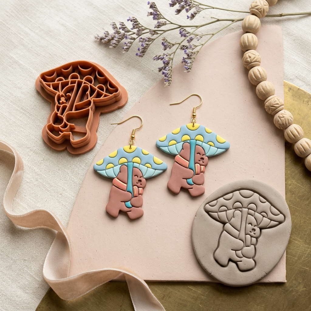 Bear with Mushroom Polymer Clay Cutter | 25–45mm | Bear Mushroom Shape Clay Cutter | Earring Jewellery Making Tool