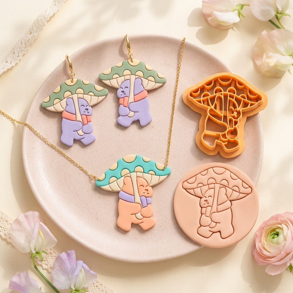 Bear with Mushroom Polymer Clay Cutter | 25–45mm | Bear Mushroom Shape Clay Cutter | Earring Jewellery Making Tool