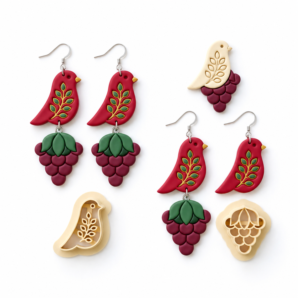 Bird with Berry Branch Set of 2 Polymer Clay Cutter | Winter Earring Tool
