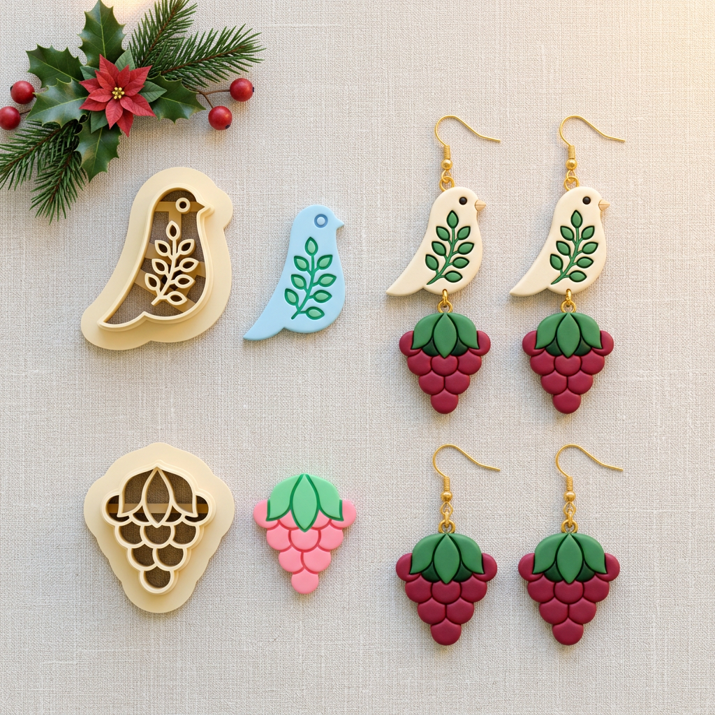 Bird with Berry Branch Set of 2 Polymer Clay Cutter | Winter Earring Tool