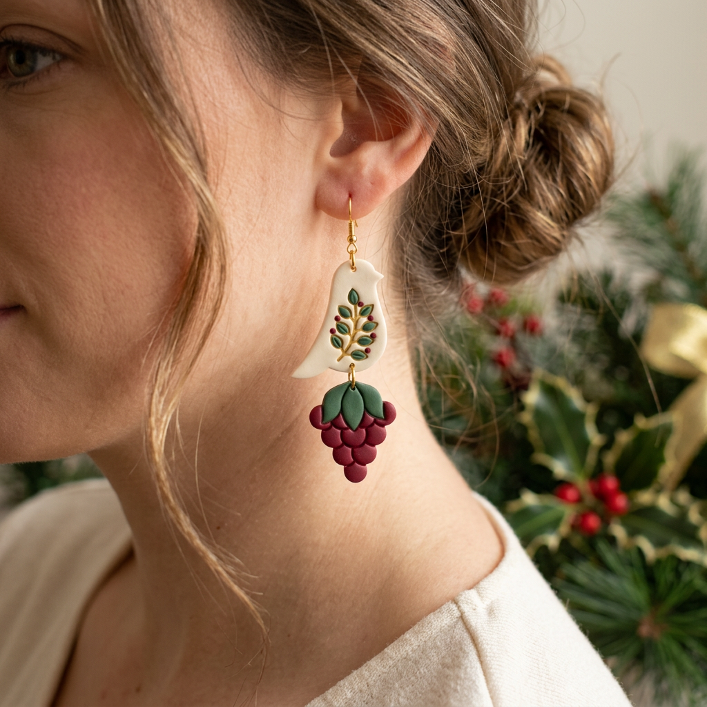 Bird with Berry Branch Set of 2 Polymer Clay Cutter | Winter Earring Tool