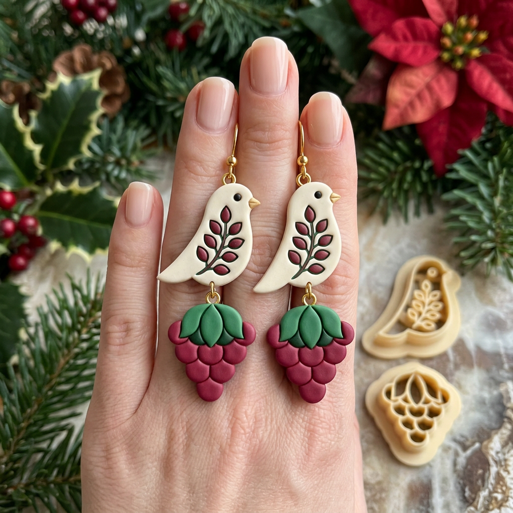 Bird with Berry Branch Set of 2 Polymer Clay Cutter | Winter Earring Tool