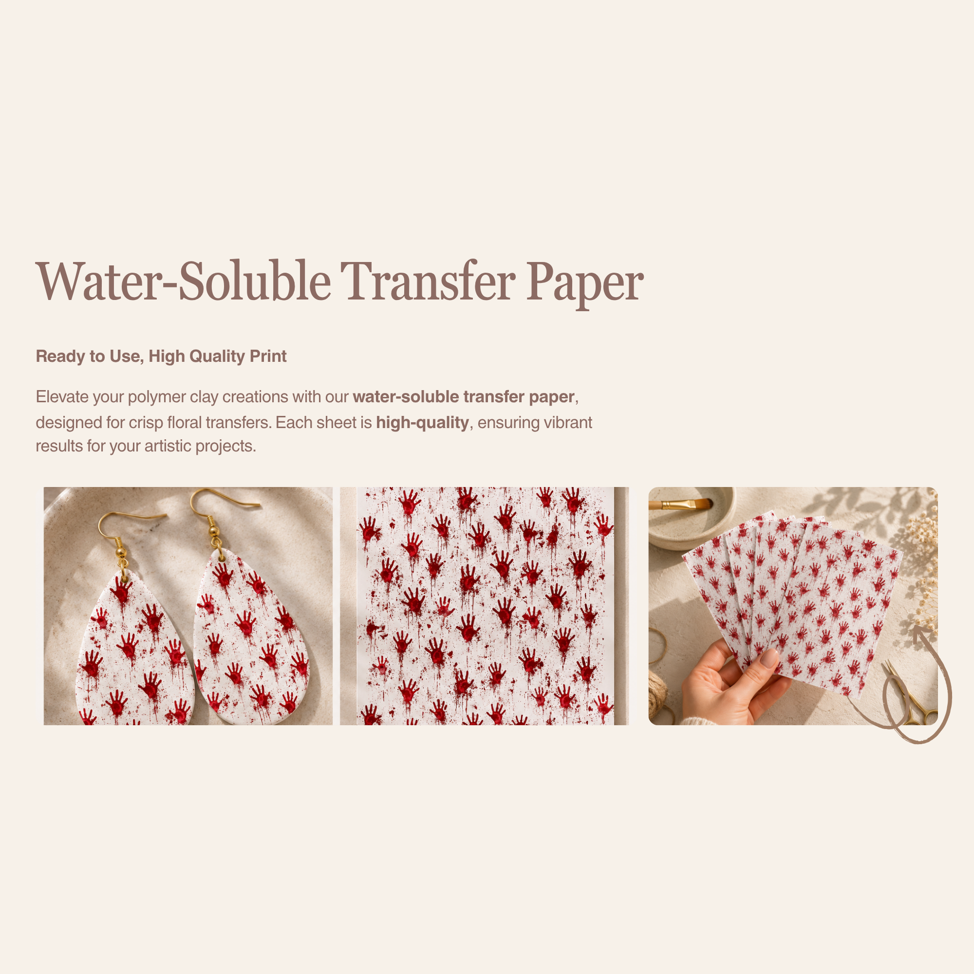 Bloody Handprint Water Soluble Transfer Paper for Polymer Clay | 100x150mm | Halloween Horror Clay Transfer | Earring Jewellery Making Supply