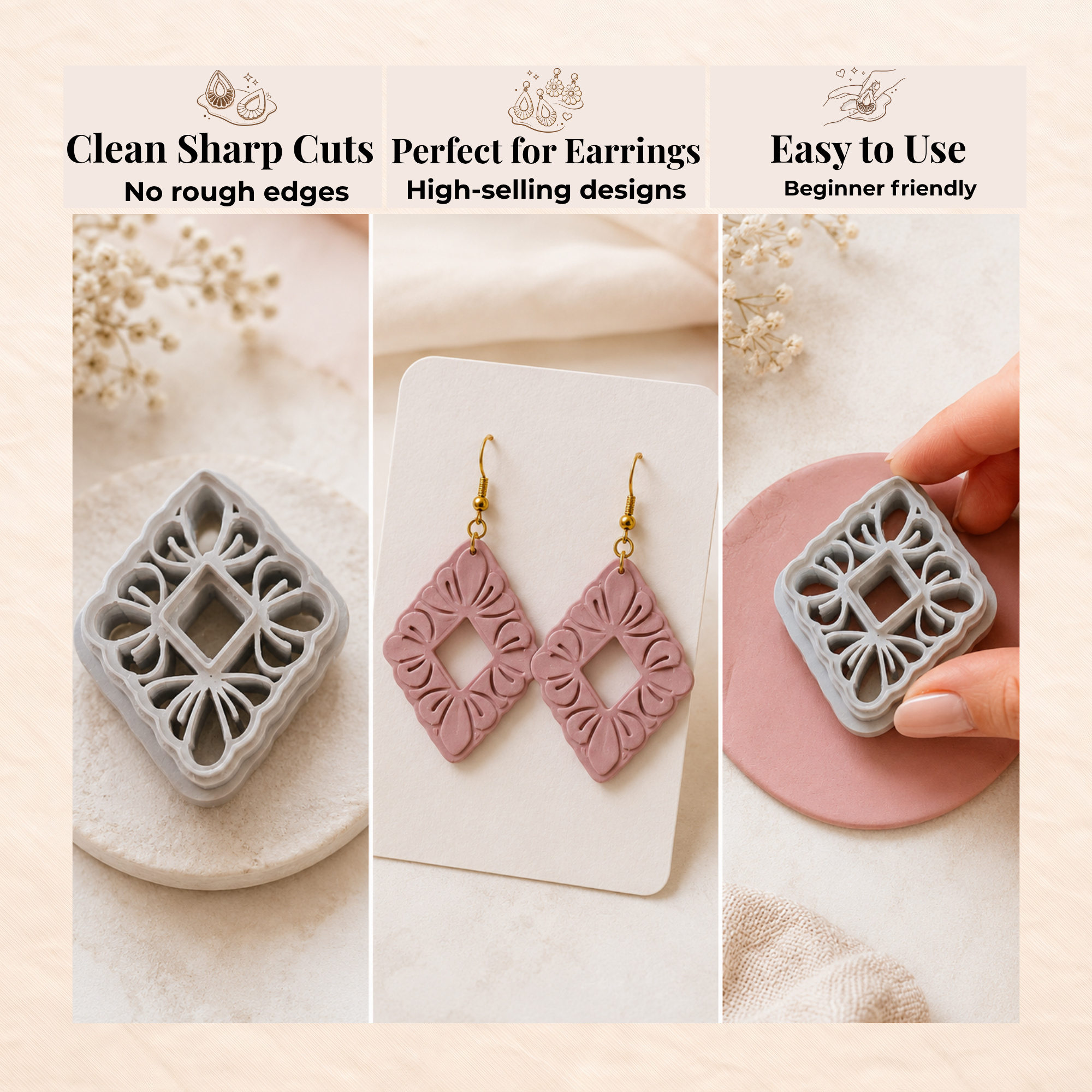 Boho Flower Frame Polymer Clay Cutter | 30–50mm | Floral Frame Clay Cutter | Earring Jewellery Making Tool