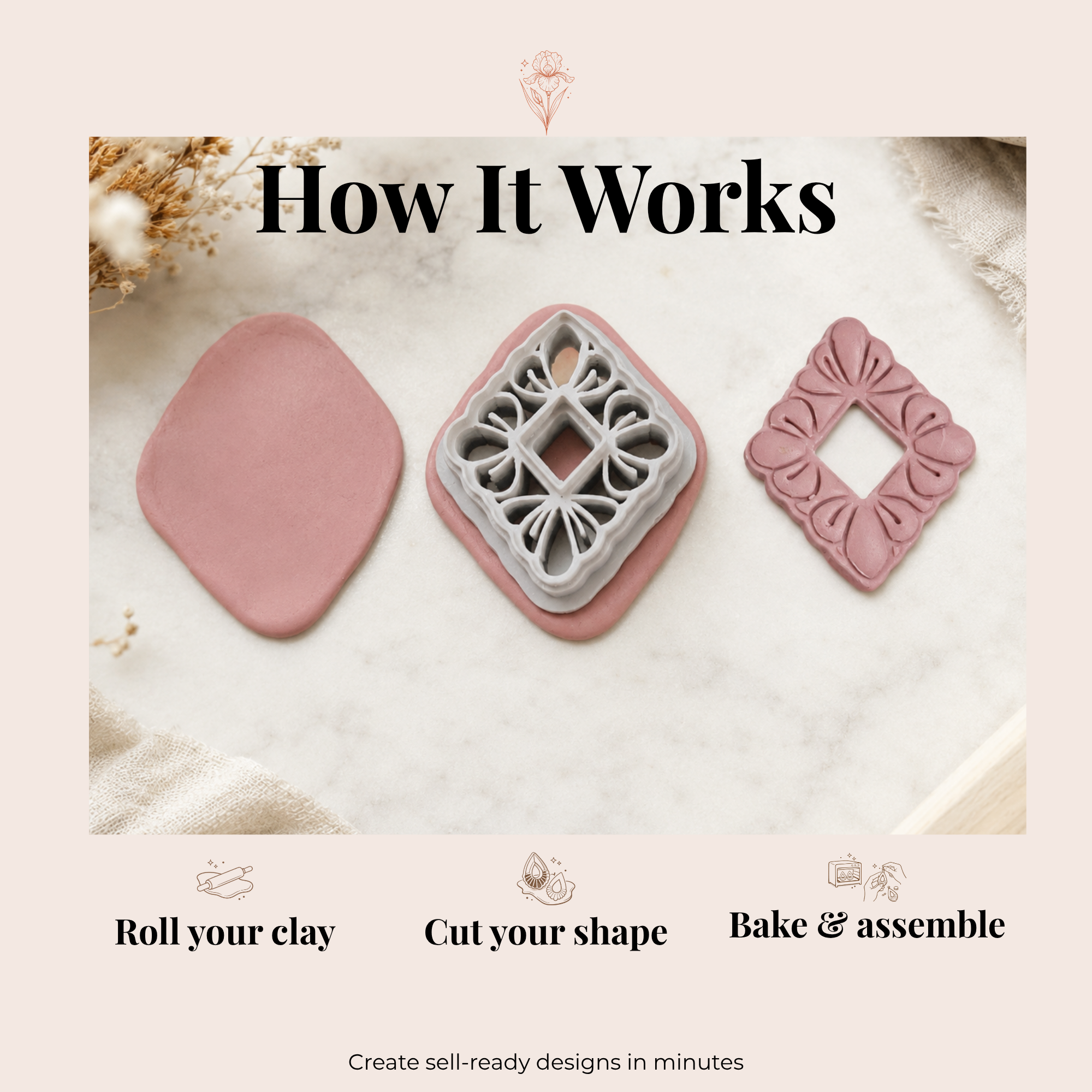 Boho Flower Frame Polymer Clay Cutter | 30–50mm | Floral Frame Clay Cutter | Earring Jewellery Making Tool