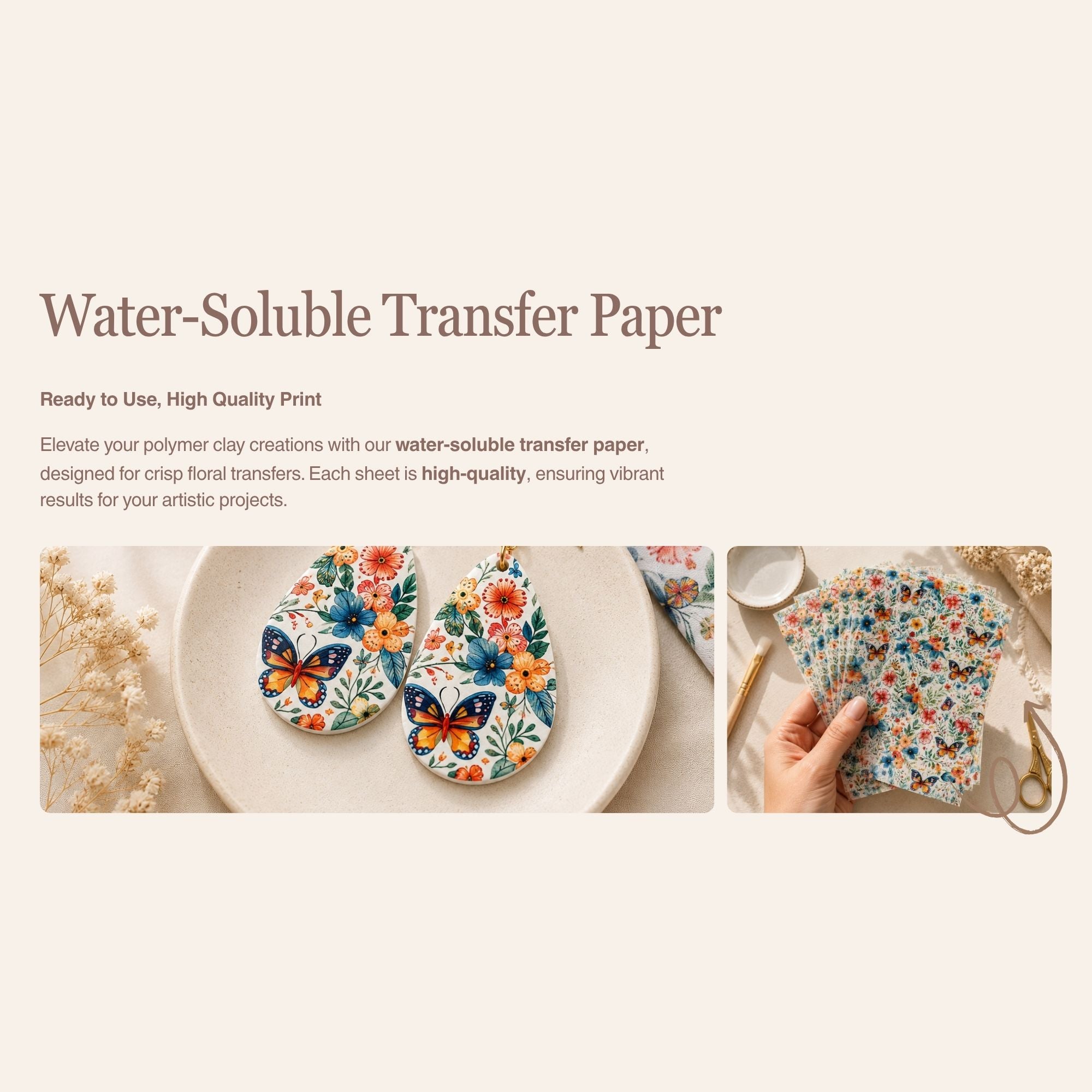 Butterfly 3 Water Soluble Transfer Paper for Polymer Clay | 100x150mm | Butterfly Botanical Clay Transfer | Earring Jewellery Making Supply
