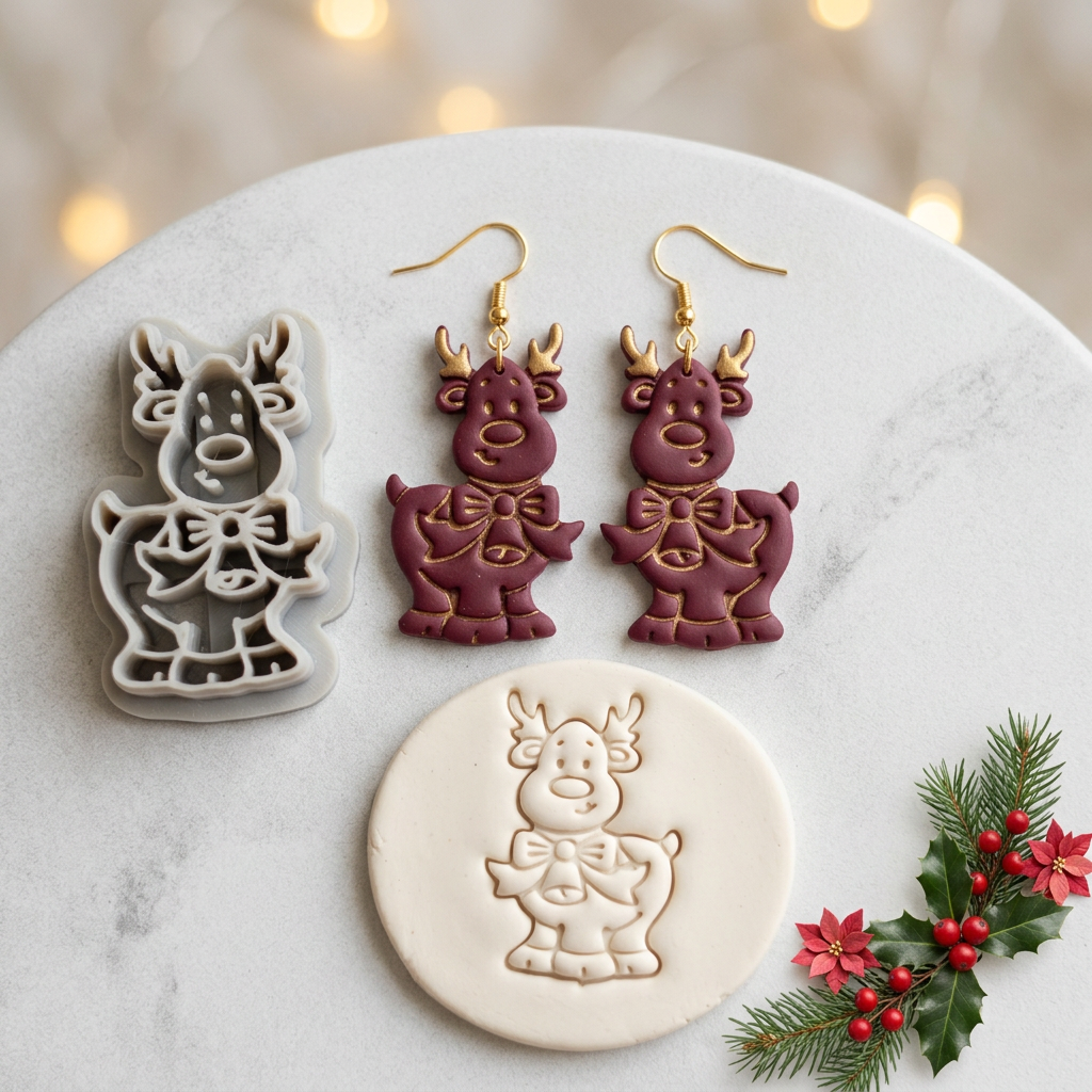 Cartoon Reindeer with Bow and Bell Polymer Clay Cutter | Christmas Earring Tool