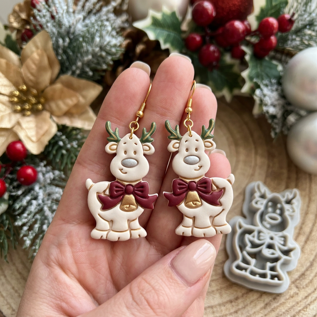 Cartoon Reindeer with Bow and Bell Polymer Clay Cutter | Christmas Earring Tool