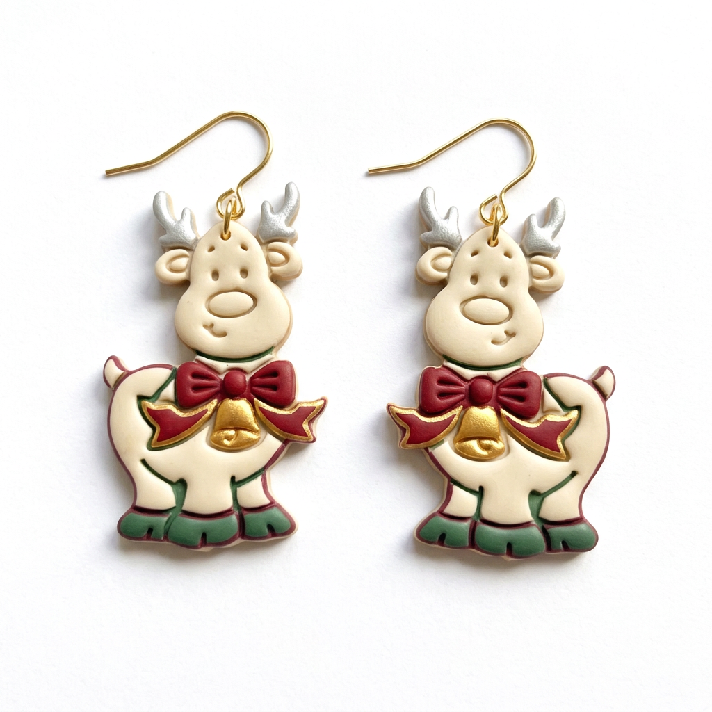 Cartoon Reindeer with Bow and Bell Polymer Clay Cutter | Christmas Earring Tool