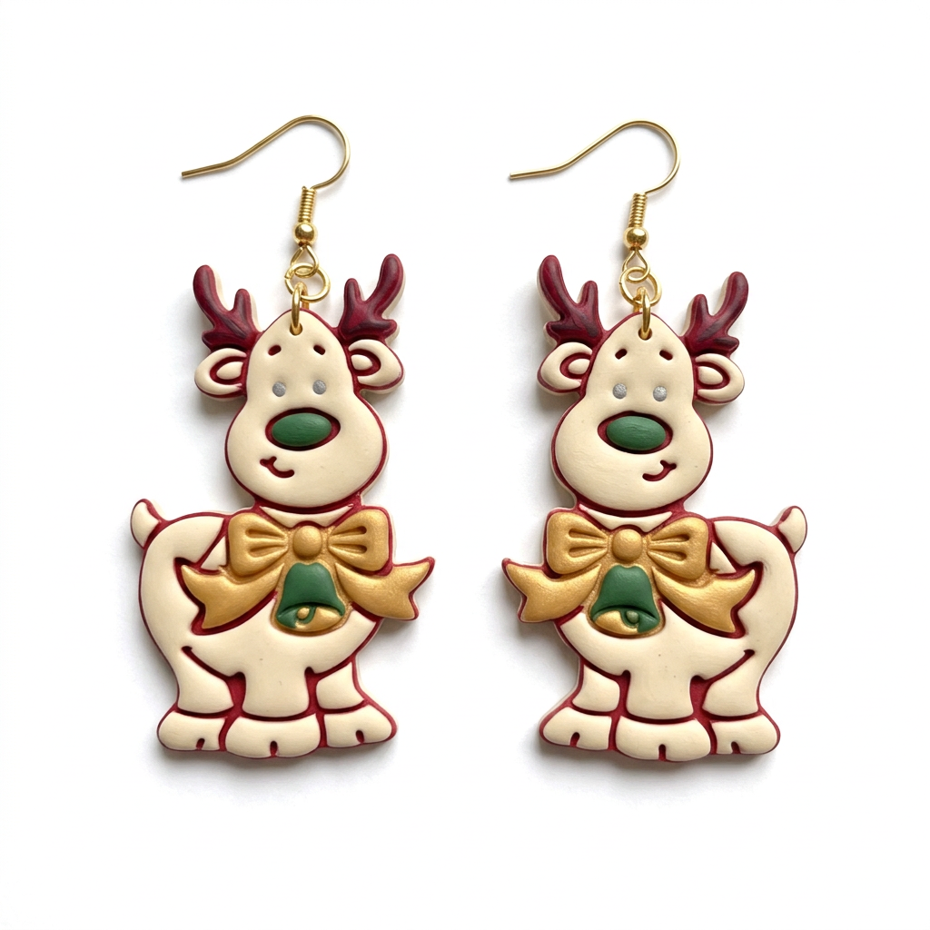 Cartoon Reindeer with Bow and Bell Polymer Clay Cutter | Christmas Earring Tool