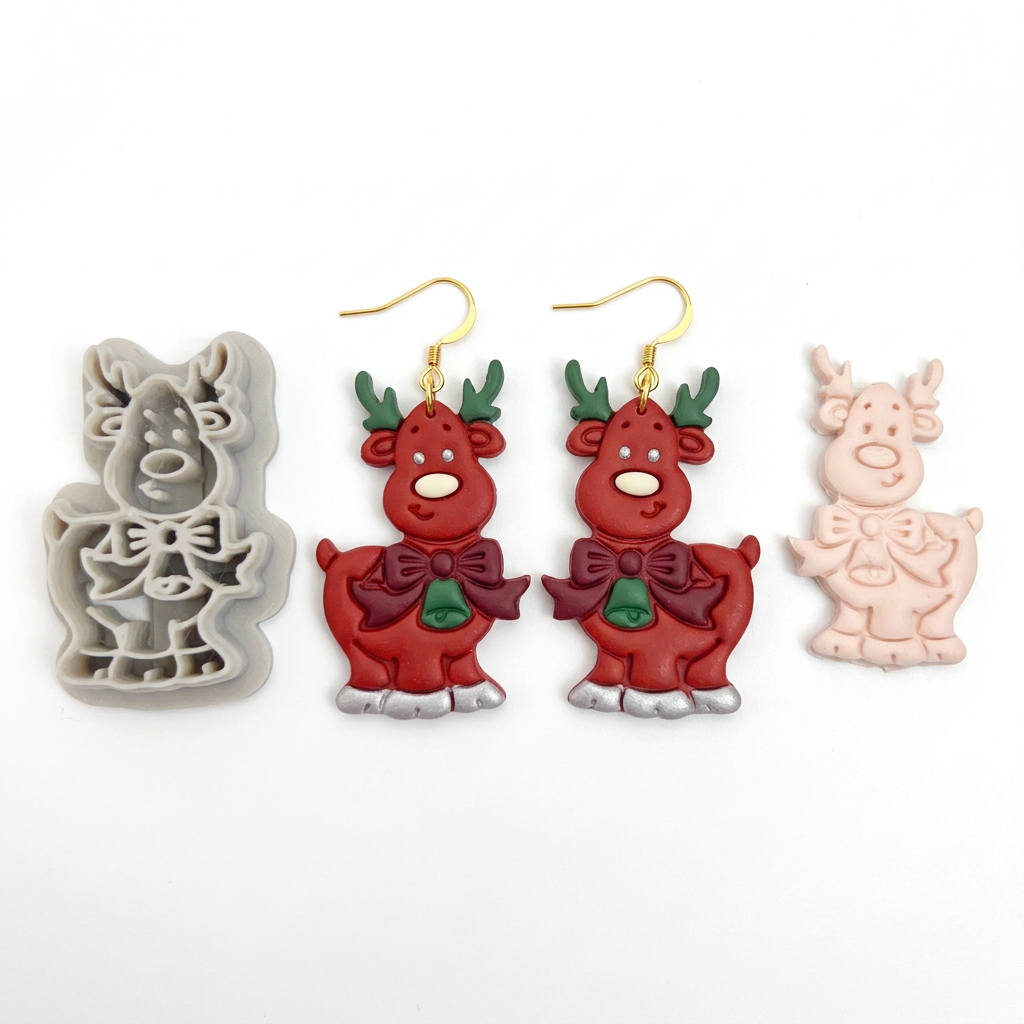 Cartoon Reindeer with Bow and Bell Polymer Clay Cutter | Christmas Earring Tool