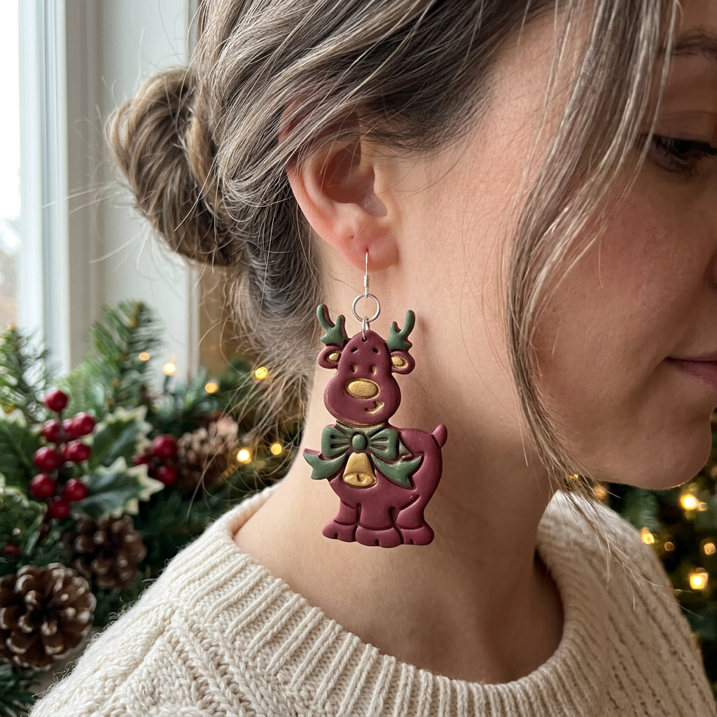 Cartoon Reindeer with Bow and Bell Polymer Clay Cutter | Christmas Earring Tool