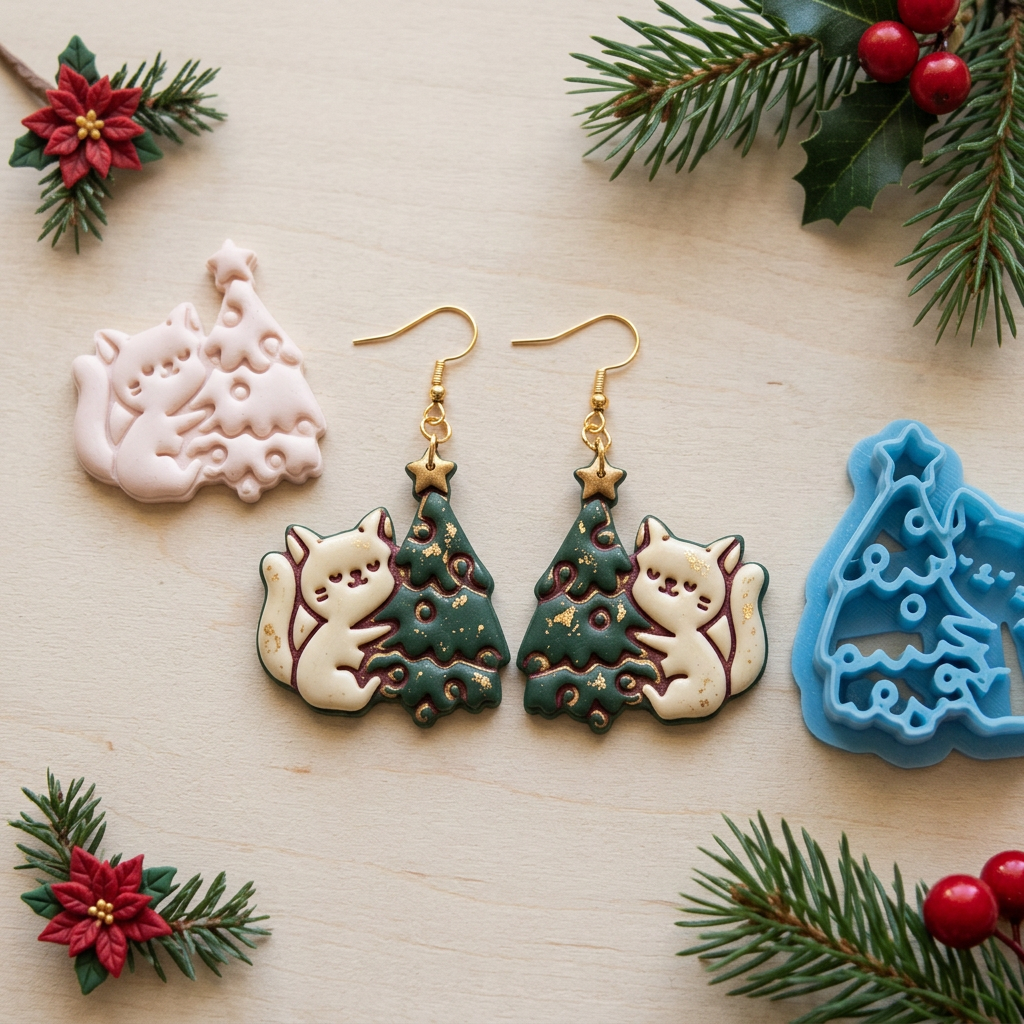 Cat Embraces Christmas Tree Polymer Clay Cutter | Cute Festive Earring Tool