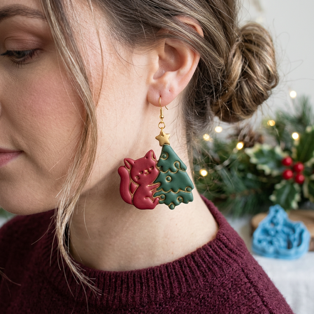 Cat Embraces Christmas Tree Polymer Clay Cutter | Cute Festive Earring Tool