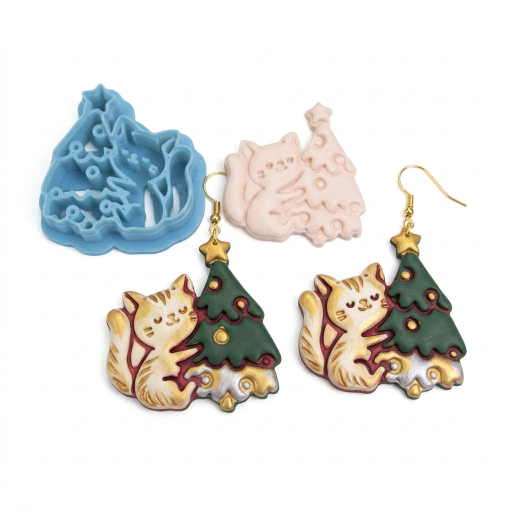Cat Embraces Christmas Tree Polymer Clay Cutter | Cute Festive Earring Tool