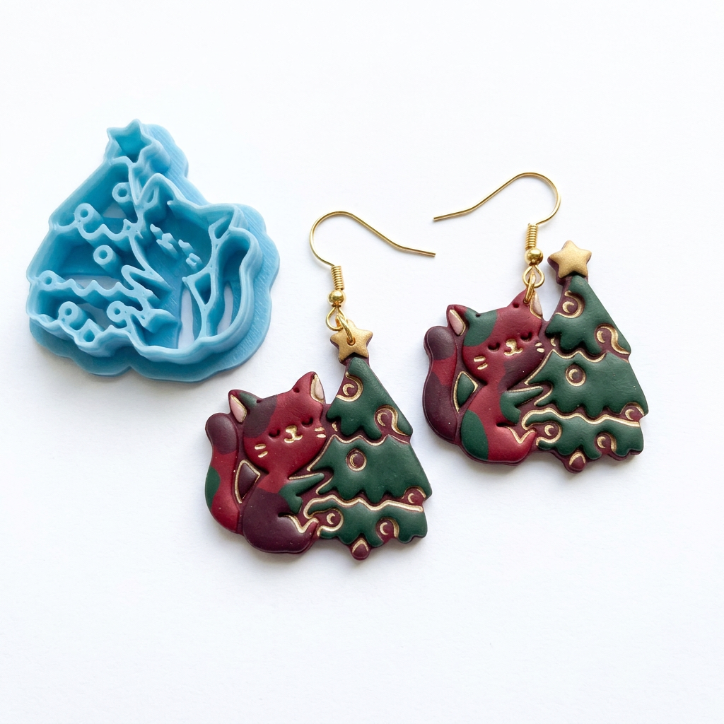 Cat Embraces Christmas Tree Polymer Clay Cutter | Cute Festive Earring Tool