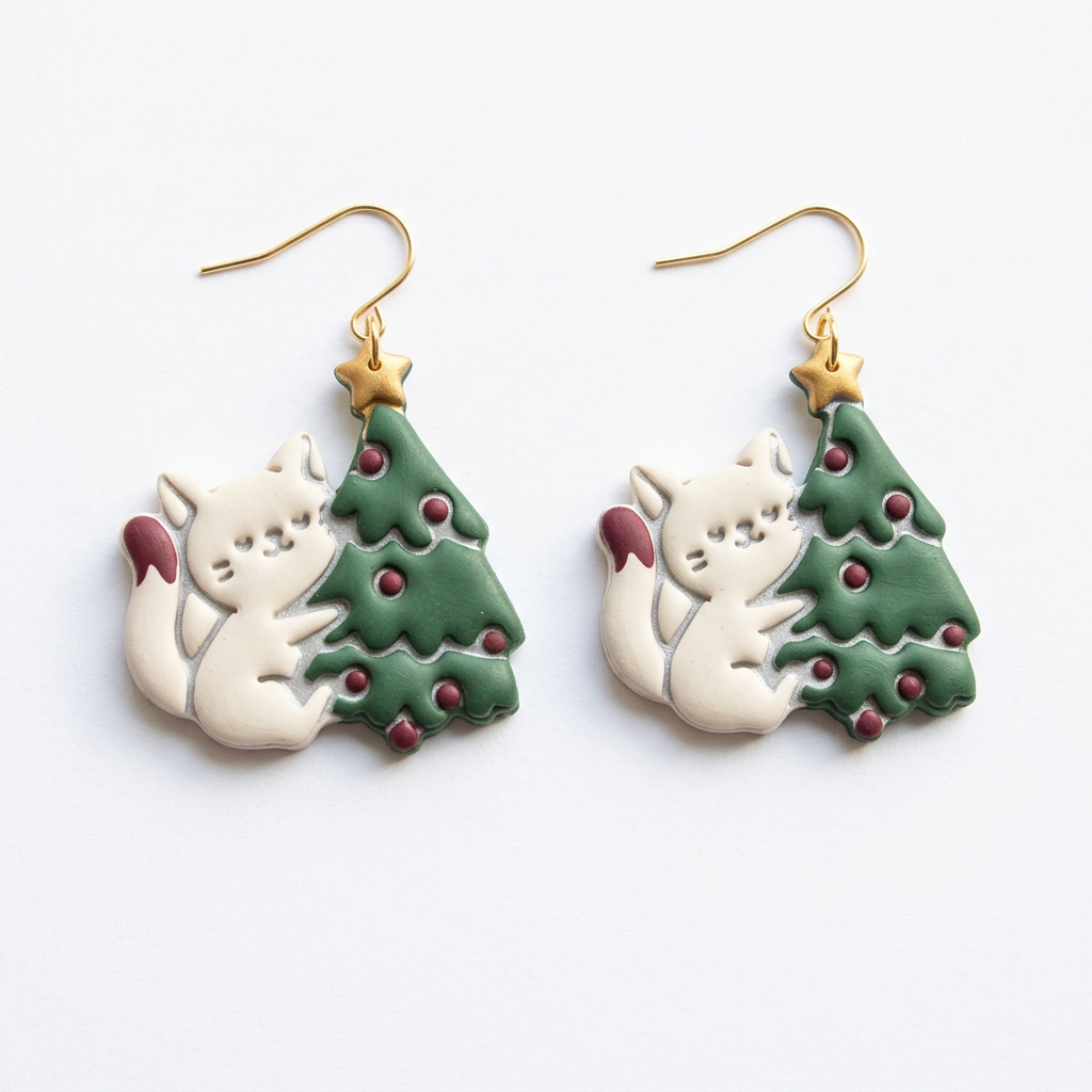 Cat Embraces Christmas Tree Polymer Clay Cutter | Cute Festive Earring Tool