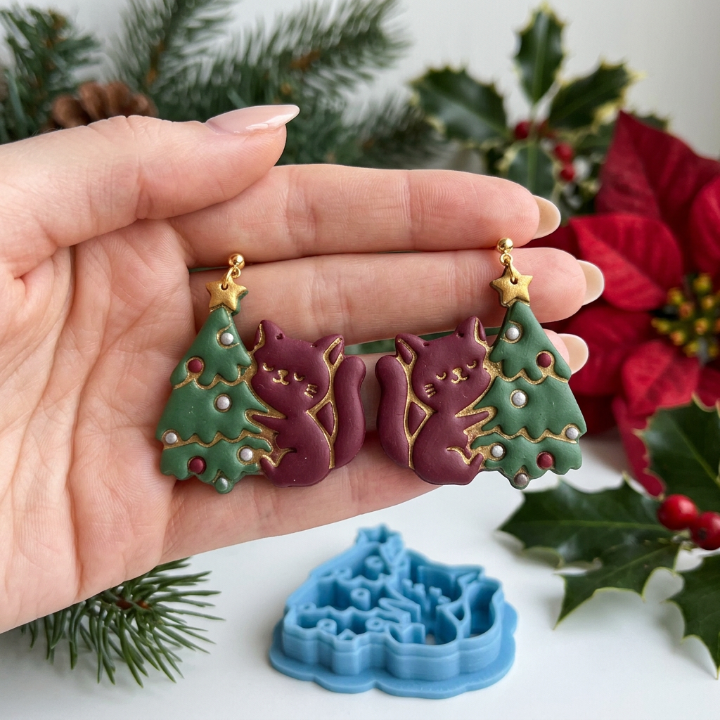 Cat Embraces Christmas Tree Polymer Clay Cutter | Cute Festive Earring Tool