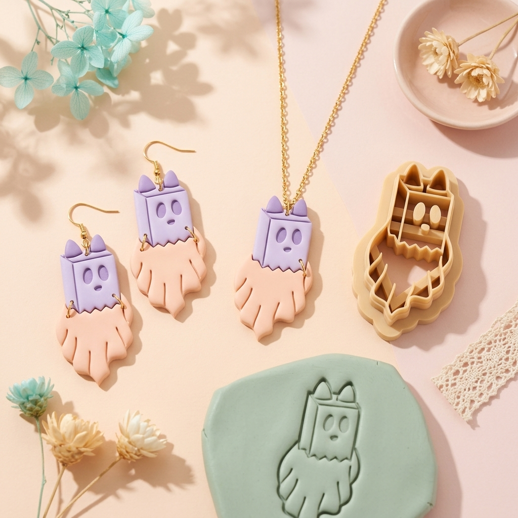 Cat Ghost in a Bag Polymer Clay Cutter | 25–45mm Halloween Earring Cutter | IrisCrafts7