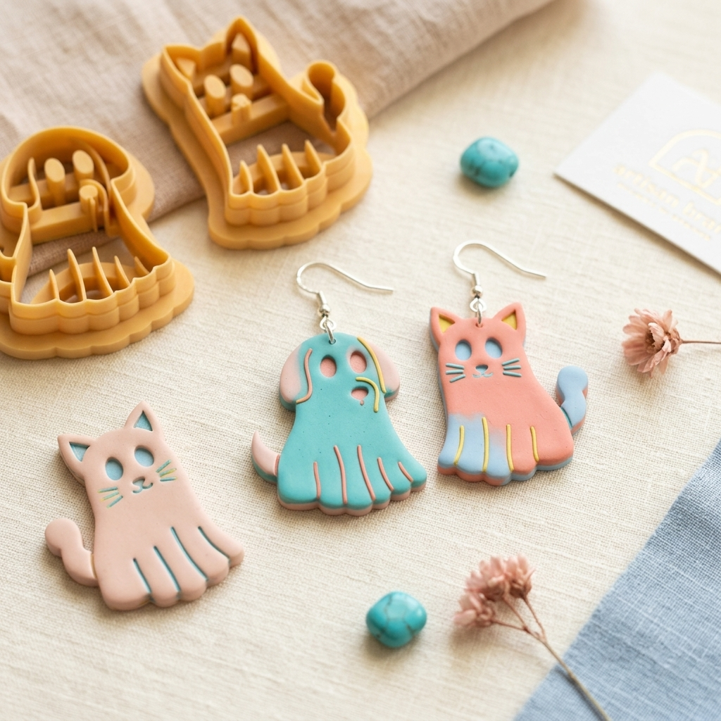 Cat and Dog Ghosts Polymer Clay Cutter Set | 25–45mm Halloween Earring Cutter | IrisCrafts7