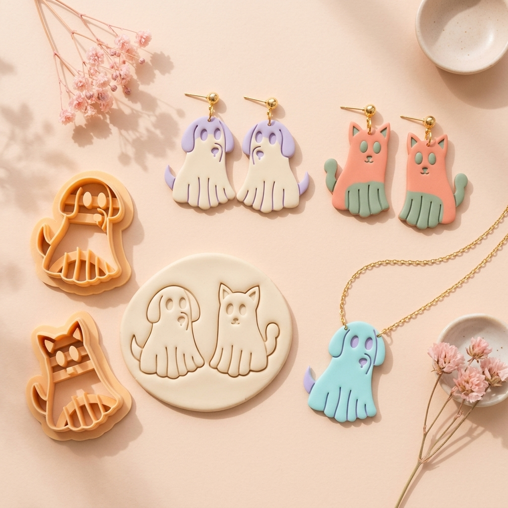 Cat and Dog Ghosts Polymer Clay Cutter Set | 25–45mm Halloween Earring Cutter | IrisCrafts7