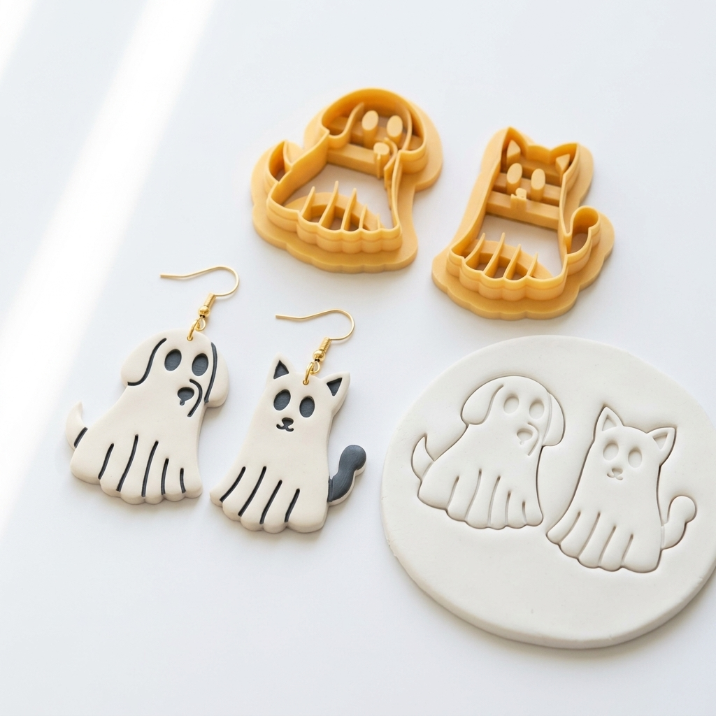 Cat and Dog Ghosts Polymer Clay Cutter Set | 25–45mm Halloween Earring Cutter | IrisCrafts7