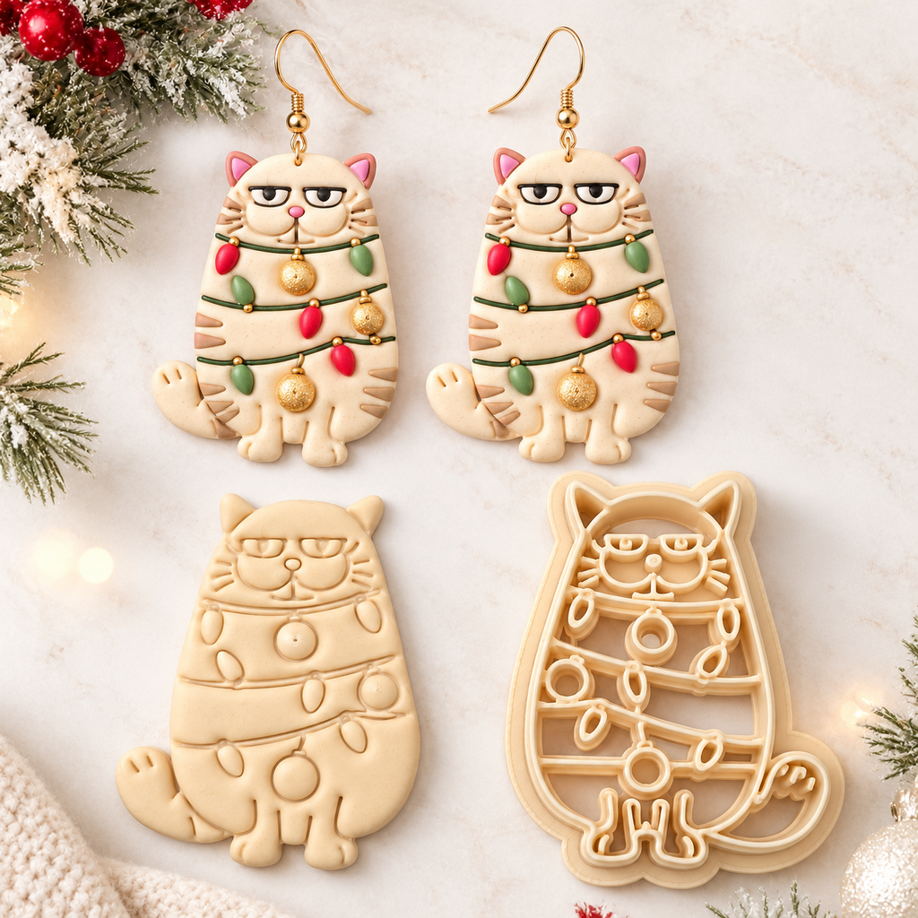 Cat in Christmas Lights Polymer Clay Cutter | Festive Earring Tool