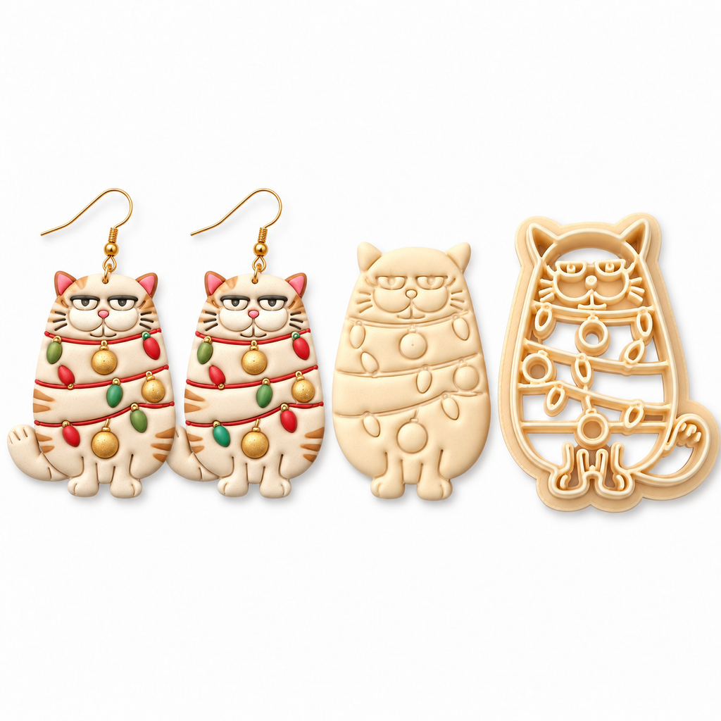 Cat in Christmas Lights Polymer Clay Cutter | Festive Earring Tool