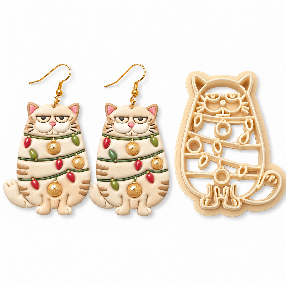 Cat in Christmas Lights Polymer Clay Cutter | Festive Earring Tool
