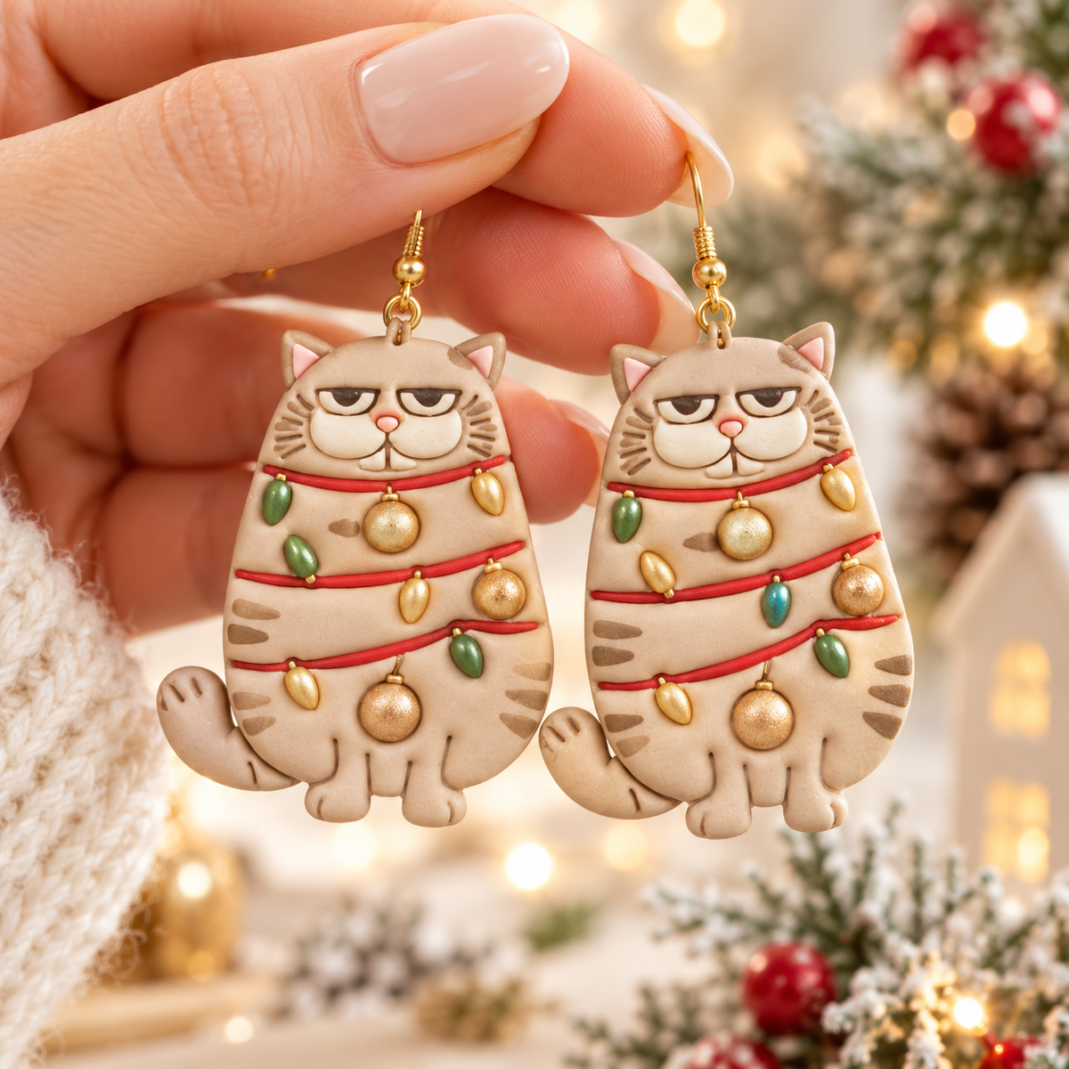 Cat in Christmas Lights Polymer Clay Cutter | Festive Earring Tool