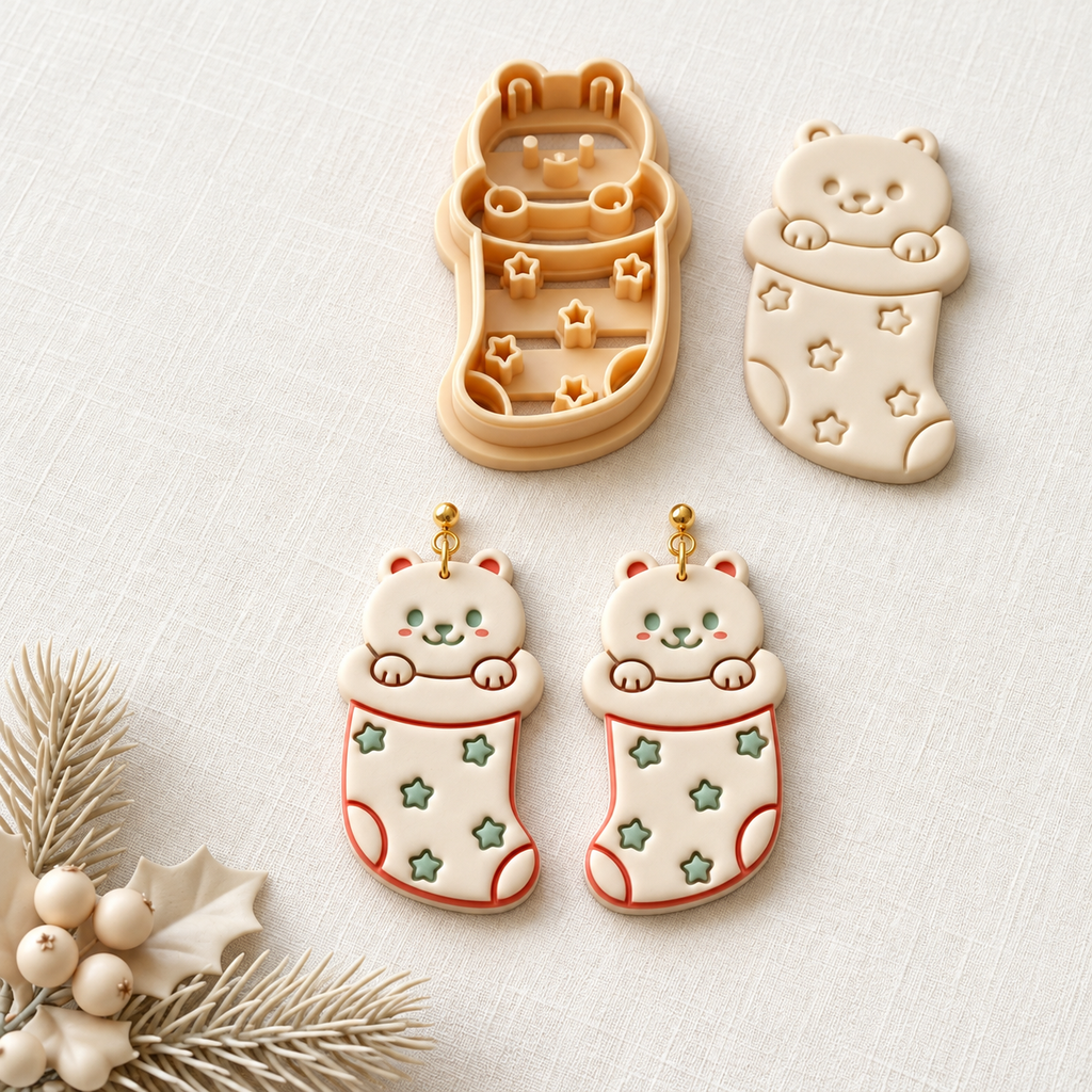 Cat in Christmas Sock Polymer Clay Cutter | Cute Festive Earring Tool