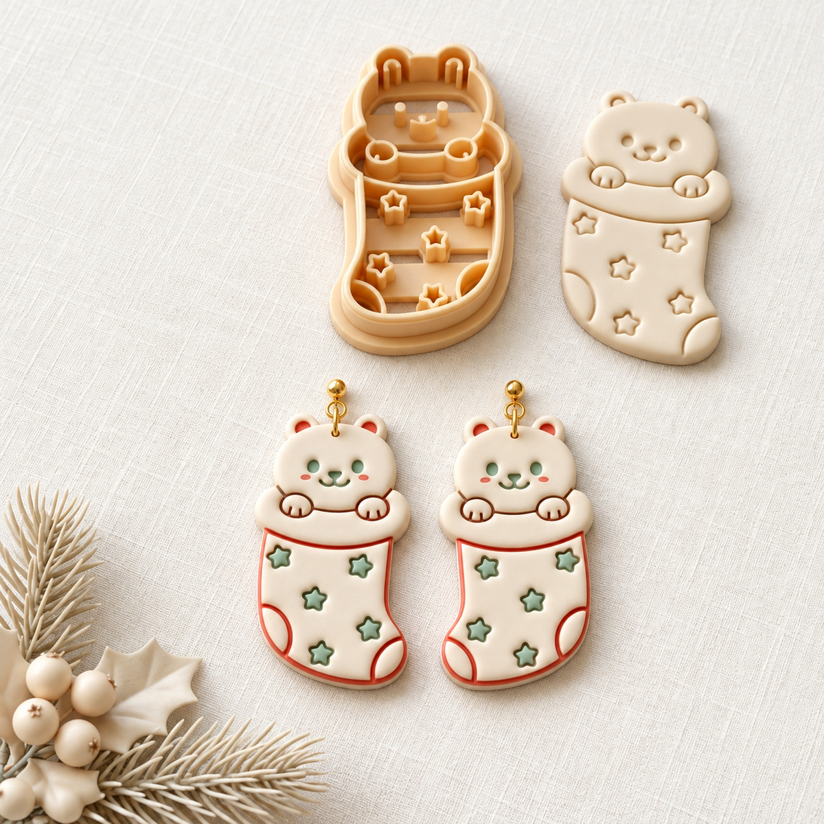 Cat in Christmas Sock Polymer Clay Cutter | Cute Festive Earring Tool
